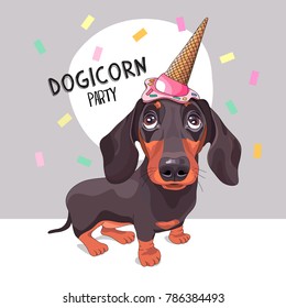 Dachshund Dog In A Ice Cream Party Cap. Vector Illustration.