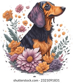 Dachshund dog isolated portrait covered with flowers and leaves. This artwork is in watercolor style and detailed with floral splash. Muted colors used and fine detailed the doggy. svg