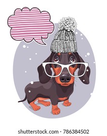 Dachshund Dog in a knitted hat and in a glasses. Vector illustration.