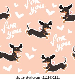 Dachshund dog and lettering for you seamless pattern background for valentines day. Vector illustration