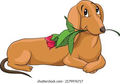 The dachshund, dog, lies with red rose in his mouth. Valentine svg