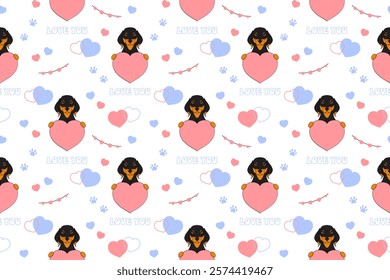 Dachshund dog in love and hearts. Seamless pattern for Valentines day. Festive design for wrapping paper, fabric, wallpaper, cards. Vector illustration