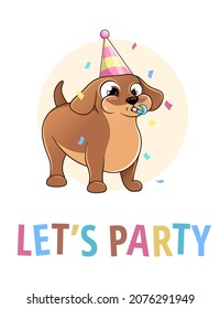 Dachshund dog in a party cap with a party horn, whistle, card illustration