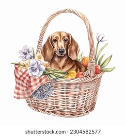 Dachshund Dog in Picnic Basket with Flowers Watercolor Vector Illustration