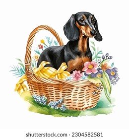 Dachshund Dog in Picnic Basket with Flowers Watercolor Vector Illustration