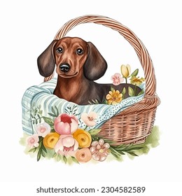 Perro de Dachshund en cesta de picnic con ilustración de vectores acuáticos de flores