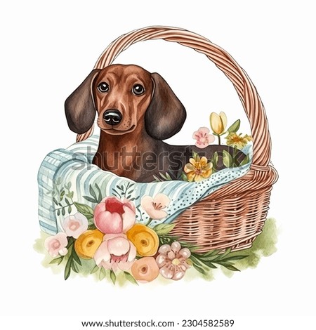 Dachshund Dog in Picnic Basket with Flowers Watercolor Vector Illustration