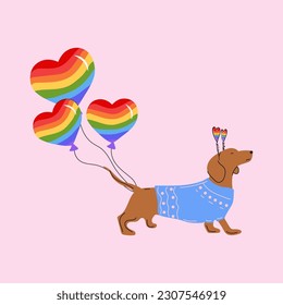 Dachshund dog pulls a rainbow balloons in the shape of a heart. Vector illustration isolated