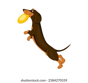 Dachshund dog puppy cartoon happy character. Dog pet cute character, dachshund puppy friend isolated vector funny personage. Animal pet happy mascot or funny personage jumping and playing with frisbee