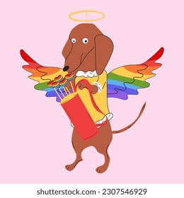 A dachshund dog in a rainbow Cupid costume. Vector illustration isolated