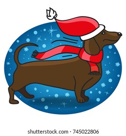 Dachshund dog in a red hat and scarf on a winter sky background. Suitable for Christmas and New Year card. Vector illustration.