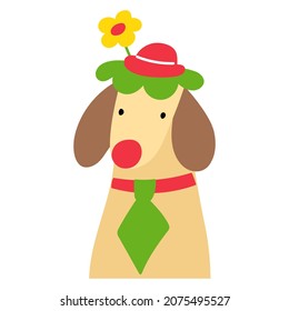 Dachshund dog with red nose. Costume of clown. Vector illustration on white background.