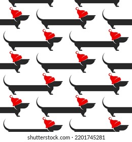 Dachshund dog with red winter hat with pompon seamless pattern. Holiday flat vector ornament on white background. Cute funny pet fabric or card print. Christmas and new year creative wallpaper