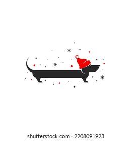 Dachshund dog with red winter hat with pompon and snow icon. Holiday flat vector illustration. Cute funny pet symbol. Creative animal logo. Christmas and new year symbol