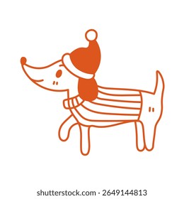 Dachshund Dog in Santa Hat and Sweater. Cute Cartoon Puppy wearing Christmas Knitwear. Hand drawn holiday pet doodle. Vector illustration 