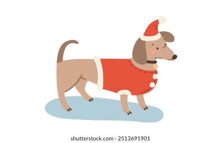 Dachshund dog in Santa suit for New Year holidays. Vector illustration in flat style.