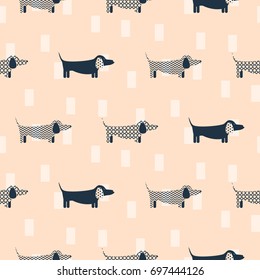 Dachshund dog scandinavian seamless vector peach colored pattern. Blue and white puppy badger-dog breed with shapes on background for textile fabric print and wallpaper.