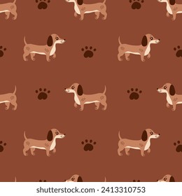 Dachshund dog seamless pattern. Brown doggy background with paw print and cute purebred puppies. Repeat vector illustration in cartoon style. Flat design svg