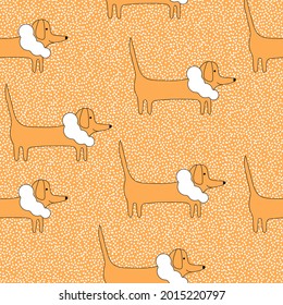 Dachshund dog seamless pattern with dots. Animal vector illustration on marigold background. Goof for textile, fabric, wrapping paper, packaging, clothing, print.