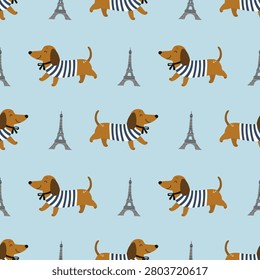 Dachshund dog seamless pattern with Eiffel Tower elements on a light blue background. Features a brown badger dog walking in a blue and white striped sweater with a black neck ribbon. Repeatable surface print suitable for kids fabric, nursery wallpaper, textile apparel, and travel theme wrapping paper.