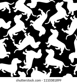 Dachshund dog. Seamless pattern in eps 10. Black and white background. Cute sausage dog