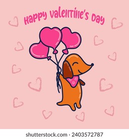 Dachshund dog set, for lovers day, balloons, hearts, happy dogs