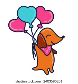 Dachshund dog set, for lovers day, balloons, hearts, happy dogs