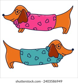 Dachshund dog set, for lovers day, balloons, hearts, happy dogs