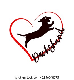 Dachshund with dog silhouette and red heart. T shirt print design. Vector illustration. Pet lover concept. 