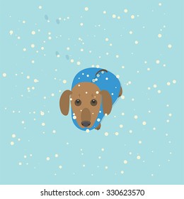 A dachshund dog sitting in the snow. Vector illustration, can be used in web design, printed on fabric/paper, as a background, or as an element of a composition.