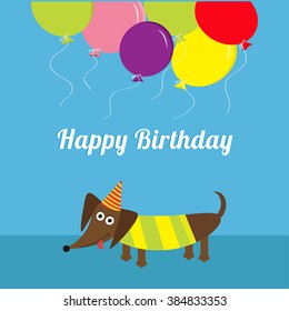 Dachshund dog. Striped shirt. Cute cartoon character. Balloons and hat. Happy Birthday greeting card. Flat design Vector illustration