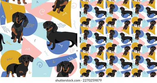 Dachshund dog summer pastel wallpaper. Holiday abstract circles, squares, spirals, confetti. seamless background, repeatable pattern. Birthday wallpaper, Christmas present, print tiles.Geometric style