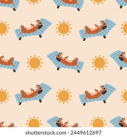 Dachshund perro tomando el sol patrón sin fisuras. Cachorro de dibujos animados divertido en gafas de sol se acuesta y descansa en una tumbona en la playa de verano. Fondo de mascotas de vacaciones. Ilustración vectorial