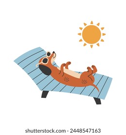 Dackelhund in Sonnenbrille auf Sonnenliege liegend. Urlaub als Haustier. Freizeitaktivitäten am Strand im Sommer. Vektorillustration mit sommerlichem Tier