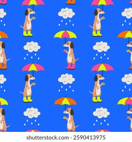 Dachshund Dog Umbrella Seamless Pattern. Vibrant colored Pet Background with puppy in rubber boots rain cloud and raindrops. Repeat childish vector illustration