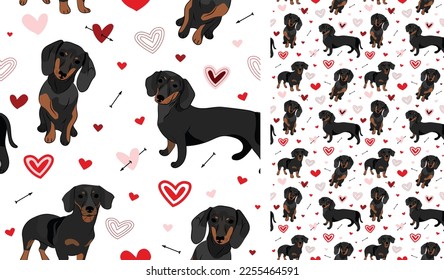 Dachshund dog Valentine's day heart wallpaper. Love doodles hearts with Doxie pets holiday texture. square background, repeatable pattern. St Valentine's day wallpaper, valentine present, print tiles.