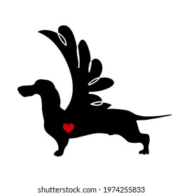 Dachshund dog. Vector black silhouette. Winged Dachshund with wings, Valentine's Day pattern, T-shirt decoration, tattoo