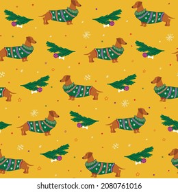 Dachshund dog vector christmas seamless pattern