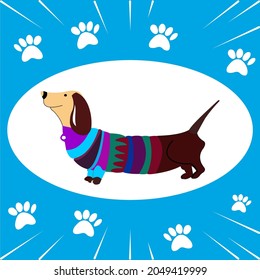 Dachshund dog in a warm sweater. Animation. Winter character