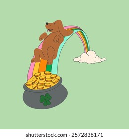 Dachshund dog wearing costumes for St. Patrick's day. A cartoon dog is sitting on top of a pot of gold coins