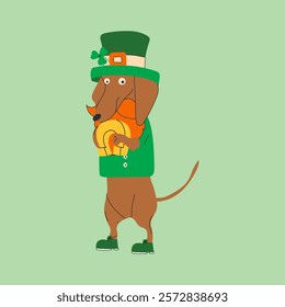 Dachshund dog wearing costumes for St. Patrick's day. A cartoon dog wearing a green hat and holding a horseshoe