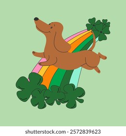 Dachshund dog wearing costumes for St. Patrick's day. A cartoon dog with a rainbow and clover leaves