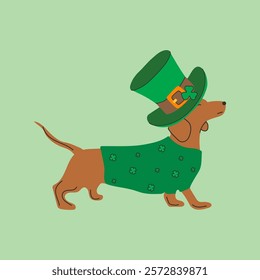 Dachshund dog wearing costumes for St. Patrick's day. A cartoon dog wearing a green hat