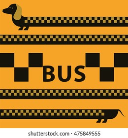 Dachshund dogs background, vector greeting card Dachshund dogs and illustration of a bus travel 