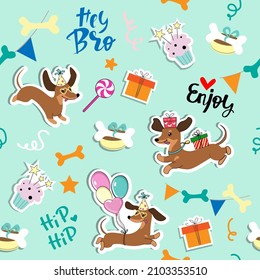 Dachshund dogs and birthday items seamless pattern on a blue background. Vector cartoon illustration