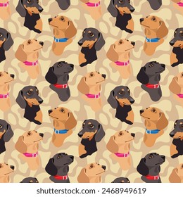 Dachshund dogs are dark and light on a brown background. Seamless animal pattern, print, vector illustration