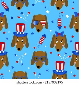 Dachshund dogs and fireworks pattern design in USA colors - funny drawing seamless pattern. wallpaper, wrapping paper. Happy Independence Day. Red, white and blue