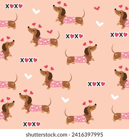 Dachshund dogs and hearts on a pink background seamless pattern. Vector illustration doodle style. valentine's day card. Love animals svg