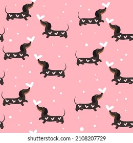 Dachshund dogs  and hearts seamless pattern on a pink background. Valentines day. Vector illustration