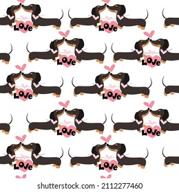 Dachshund dogs  and hearts seamless pattern on a white background. Valentines day. Vector illustration